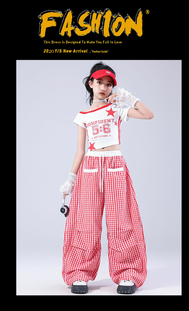 白 赤 チェック 柄 カーゴパンツ キッズ ダンス 衣装 セットアップ 半袖 tシャツ ショート丈 へそ出し 星 パンツ ヒップホップ hiphop kpop 韓国 単品 セット レース 手袋 子供 服 ギャル 女の子 カジュアル おしゃれ チアガール 発表会 演出服 団体服 練習着 個性派