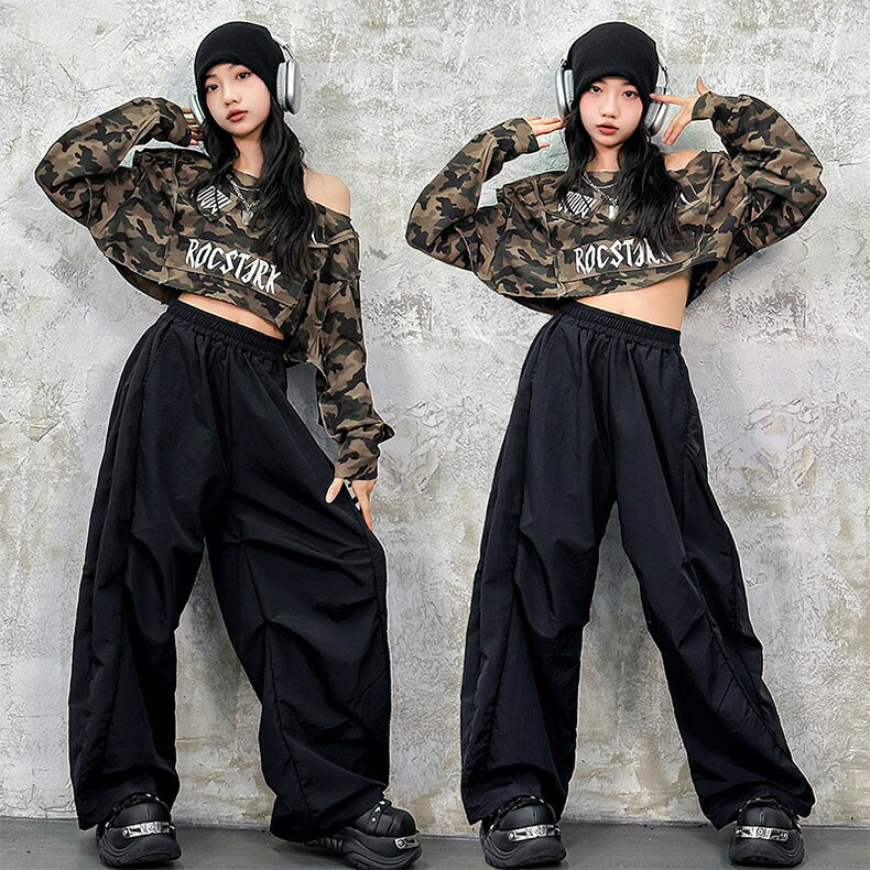 ガールズ 迷彩 へそ出し キッズ ダンス 衣装 トップス 肩出し グリーン ゆったり ...