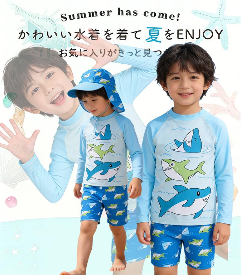 TRENDY FISHの青 キッズ 水着 男の子 キッズ 水着 ラッシュガード 水着 女の子 セパレート 長袖 ラッシュガード UVカット 安い 水着 かわいい 安い 水着小学生 子供水着 キッズ水着 上下 セット スイムパンツ おしゃれ サメ柄 海水浴 UV対策 日焼け防止 ベビー 水着 水陸両用 目立つ色｜アングル2
