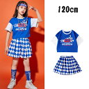 ブルー キッズ ダンス衣装 セットアップ 女の子 半袖 Tシャツ ショート丈 チェック柄 スカート ジャズ ヒップホップ ゆったり 韓国 チア チアガール 練習...
