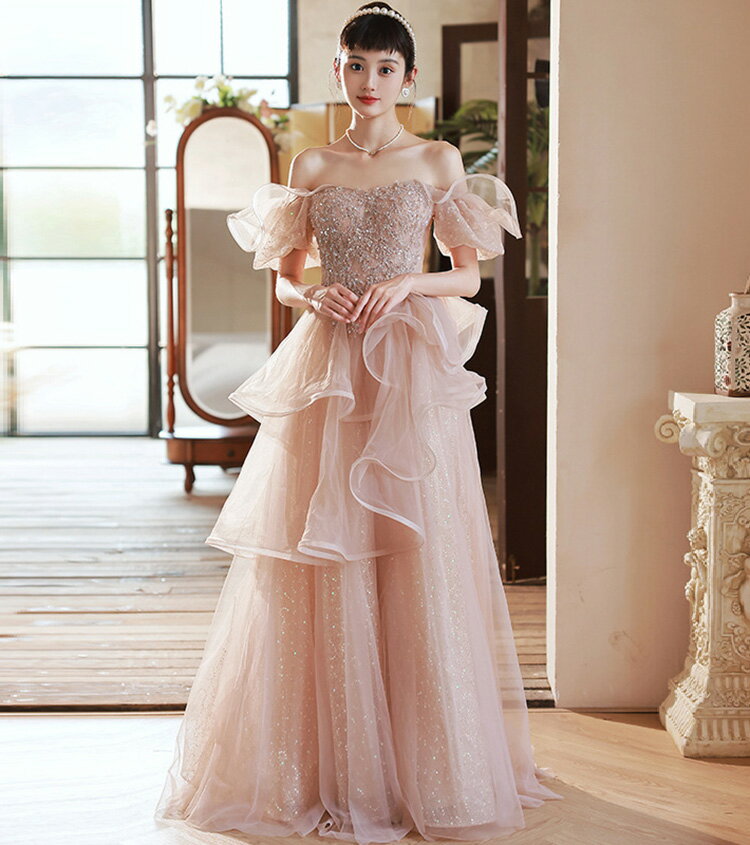 イブニングドレス パーティードレス ロングドレス ピンクドレス オフショルダー ピアノ 発表会 花嫁 演奏会 司会者 カラードレス ピンク ミニトレーン ウェディングドレス 演奏会 イベント用 フォーマル 結婚式 披露宴 コンサート 前撮り 後撮り ブライダル wedding dress