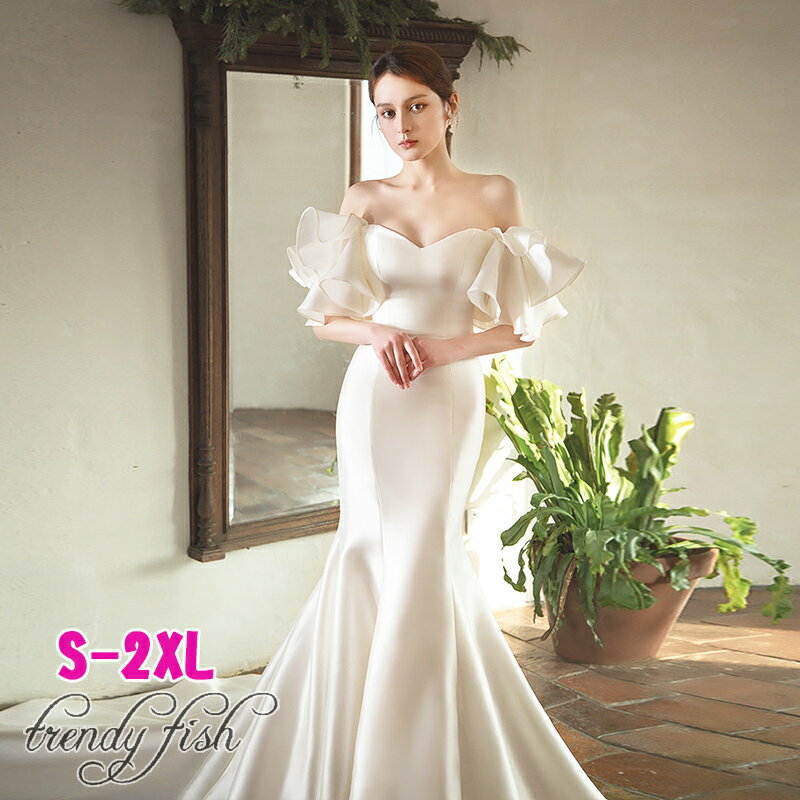 ウエディングドレス ウェディングドレス サテン 結婚式 オフショルダー トレーン マーメイドライン フリル 前撮り/後撮りシンプル 編み上げ 高級感 ロングドレス お花嫁ドレス パーティードレス 挙式 海外旅行 写真撮影 ブライダル 披露宴 二次会 演奏会 舞台 ピアノ