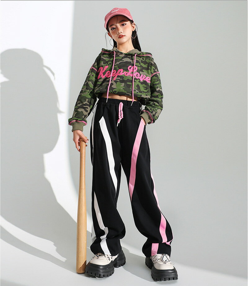 女の子 ダンス衣装 へそ出し ショート丈 シャツ パーカー 長袖 カーゴパンツ ロングパンツ ワイドパンツ 単品orセットアップ ブラック グリーン 迷彩柄 キッズ ジャズ ダンス ステージ 衣装 ダンスウェア 110 120 130 140 150 160 170 180