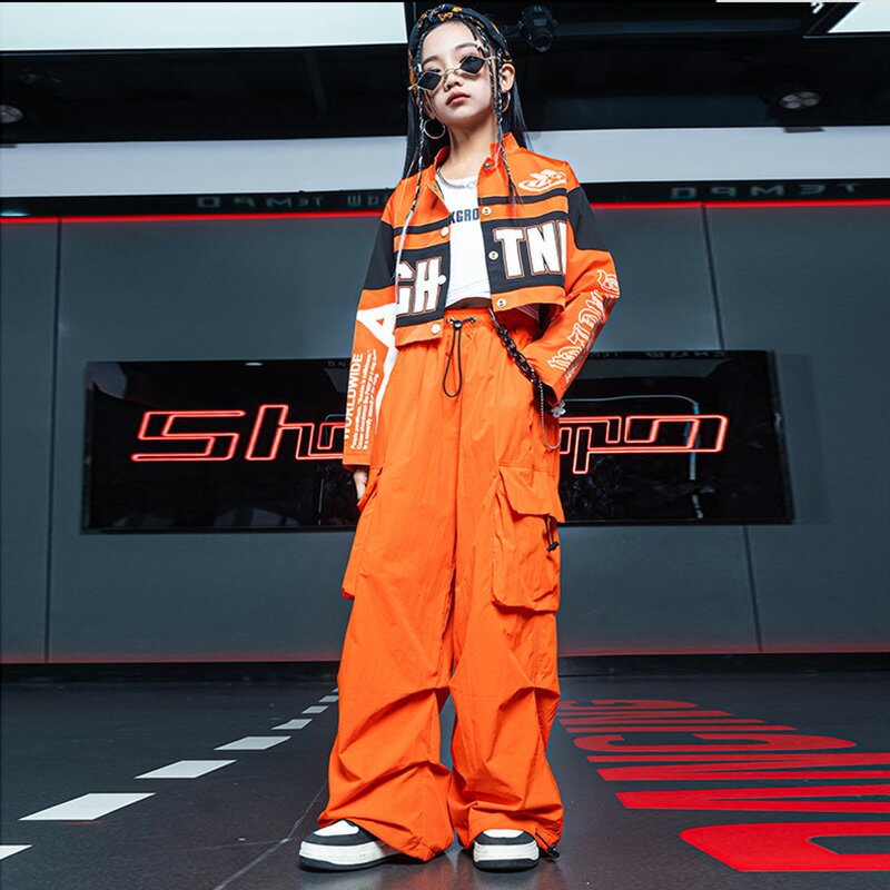 女の子 男の子 ダンス衣装 キッズ 単品 セットアップ レーシング 長袖 ジャケット へそ出し スタジャン ダボパン ロングパンツ カーゴパンツ オレンジ 子供服 かっこいい ダンスウエア ステージ衣装 ヒップホップ キッズ k-pop 原宿系