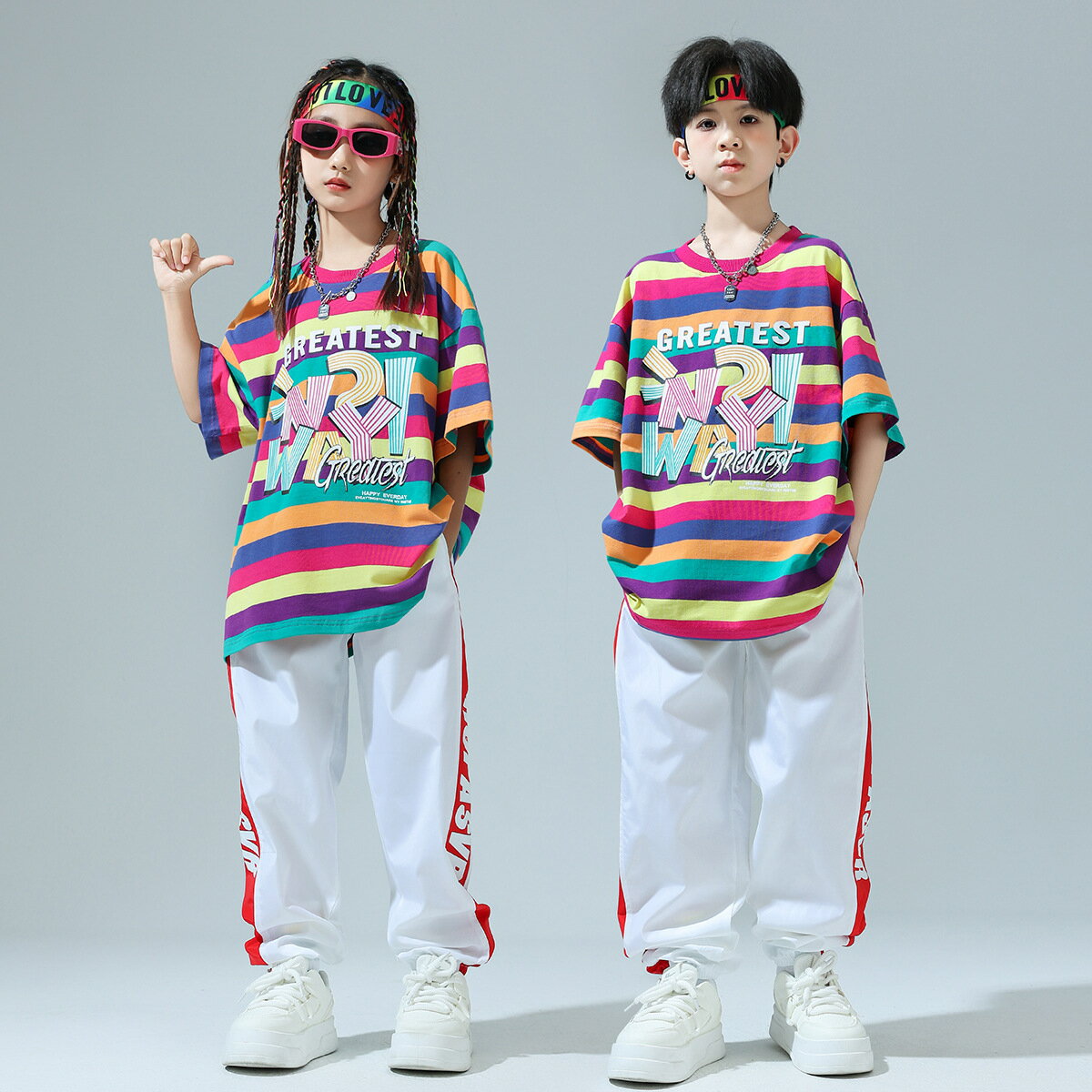 キッズ ダンス衣装 単品 セットアップ 男の子 女の子 半袖 Tシャツ ボーダー柄 レインボー柄 シャツ カジュアルパンツ レッド グリーン ホワイト ゆったり 練習着 レッスン着 習い服 カッコイイ ステージ衣装 ジャズダンス k-pop jazz 舞台服 演出服 発表会 運動会