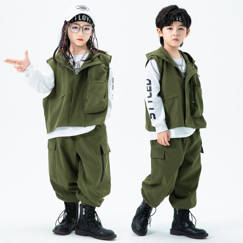 カーキグリーン キッズ ダンス衣装 セットアップ 男の子 女の子 長袖 トレーナー ベスト カーゴパンツ ロングパンツ かっこいい ダンスウエア ステージ衣装 ダボダボ ゆったり ヒップホップ キッズ HIPHOP 子供服 レッスン着 練習着 普段着 120 130 140 150 160 170
