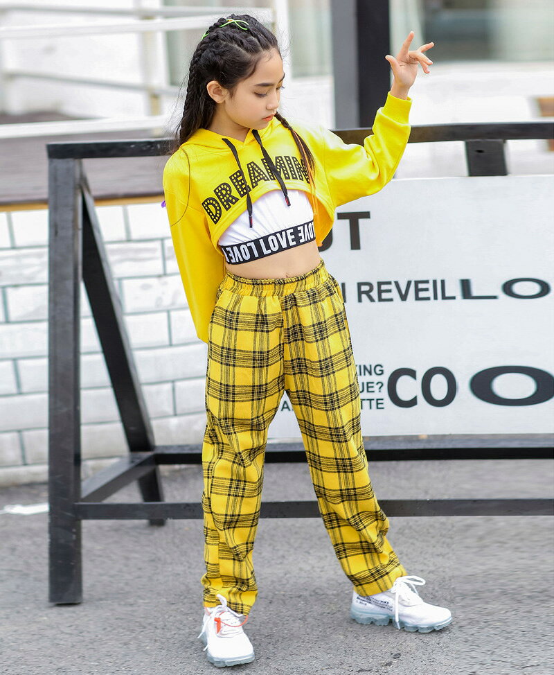 TRENDY FISHの女の子 キッズ ダンス衣装 セットアップ イエロー レッド ショート丈 トップス へそ出し パーカー ヒップホップ 女の子 キッズ チェック柄 パンツ タンクトップ ガールズ 派手 チアガール チア衣装 韓国風 ダンス 衣装 ロングパンツ 練習着 演出服 舞台服 発表会 ジャズ｜アングル3
