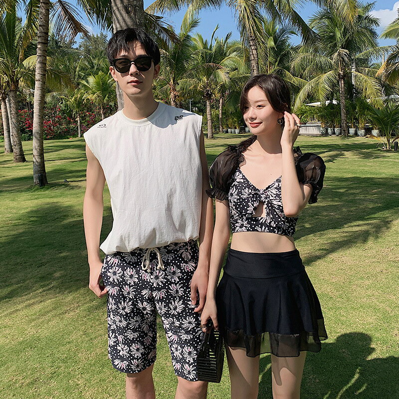 ペア 水着 カップル 水着 2/3点セット レディース 水着 体型カバー セパレート ブラック スカート ノーワイヤー メンズ 水着 男性用 ビーチパンツ サーフパンツ 花柄みずぎ ミズギ 水着 ピンク 男女 ハネムーン 蜜月 海外旅行 新婚旅行