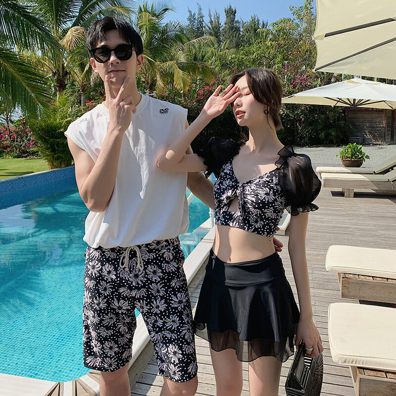 ペア 水着 カップル 水着 2/3点セット レディース 水着 体型カバー セパレート ブラック スカート ノーワイヤー メンズ 水着 男性用 ビーチパンツ サーフパンツ 花柄みずぎ ミズギ 水着 ピンク 男女 ハネムーン 蜜月 海外旅行 新婚旅行