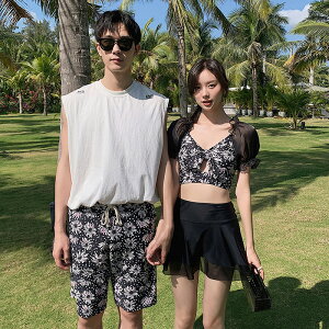 ペア 水着 カップル 水着 2/3点セット レディース 水着 体型カバー セパレート ブラック スカート ノーワイヤー メンズ 水着 男性用 ビーチパンツ サーフパンツ 花柄みずぎ ミズギ 水着 ピンク 男女 ハネムーン 蜜月 海外旅行 新婚旅行