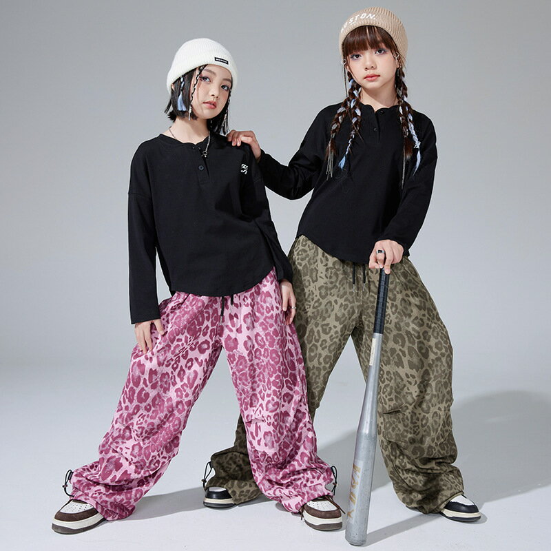 ヒョウ柄 カーキグリーン ピンク JAZZ カーゴパンツ ロングパンツ 女の子 男の子 ゆったり ダンスパンツ チア チアガール 韓国 K-POP キッズ ダンス衣装 単品 セットアップ 黒 長袖 トップス ダボパン ジャズダンス ヒップホップ 発表会 演出服 団体服 練習着 3