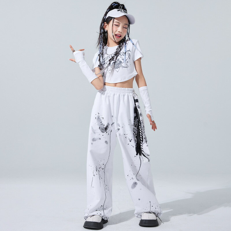 女の子 ダンス 衣装 キッズ 単品 セットアップ tシャツ ショート 白 ショート丈 トップス へそ出し ロングパンツ 白 パンツ ワイドパンツ ダボパン キッズ ジャズ ダンス 衣装 カッコイイ 韓国 ヒップホップ レッスン 着 演出服 舞台服 練習着 発表会 イベント
