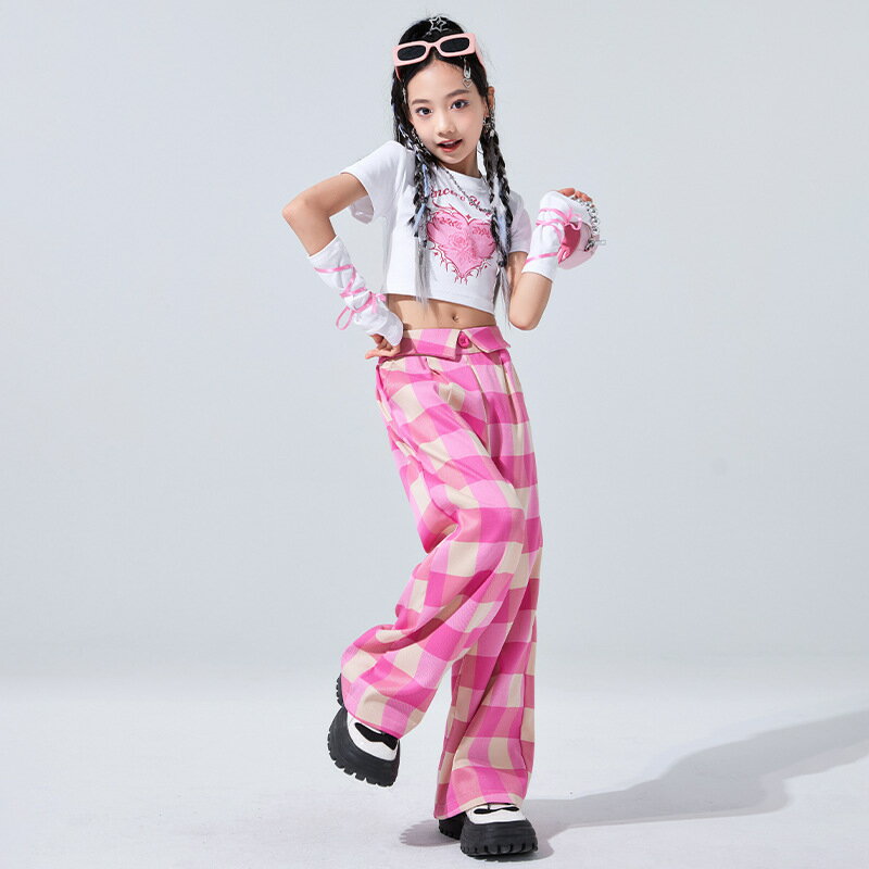 女の子 へそ出し ダンス衣装 ステージ衣装 単品 セットアップ キッズ 半袖 tシャツ ショート丈 ハート ワイドパンツ ダボパン ホワイト ピンク チェック柄 韓国風 ジャズ レッスン着 練習着 チアダンス チアガール 演出服 舞台服 発表会 イベント