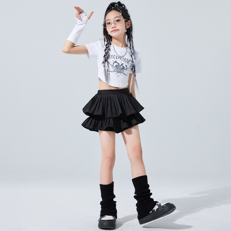 女の子 へそ出し ダンス衣装 ステージ衣装 単品 セットアップ キッズ 半袖 tシャツ ショート丈 ハート スカート ショートパンツ キュロット ホワイト ブラック 韓国風 ジャズ レッスン着 練習着 チアダンス チアガール 演出服 舞台服 発表会 イベント
