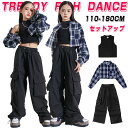 へそ出し 女の子 ダンス衣装 ステージ衣装 キッズ セットアップ 長袖 柄シャツ チェックシャツ ロングパンツ カーゴパンツ ダボパン ネイビー ブラック 韓国...