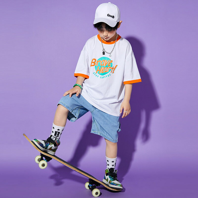 女の子 男の子 チア チアガール キッズ ダンス衣装 セットアップ ブルー 白 へそ出し 半袖 トップス デニム ハーフパンツ 応援団 発表会 韓国 k-pop ジャズダンス ヒップホップ チア 演出服 団体服 練習着 レッスン着 運動会 おしゃれ ファッション ガール