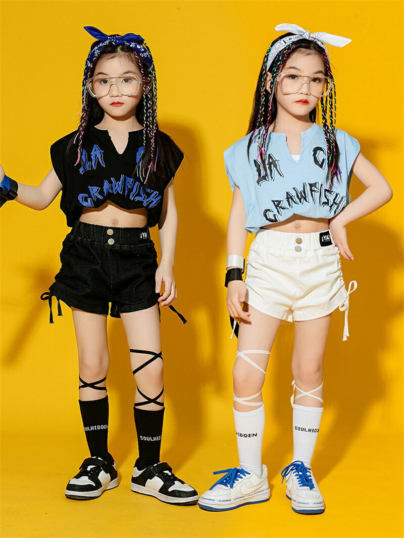 キッズ ダンス衣装 女の子 単品 セットアップ へそ出し tシャツ ショート丈 トップス 短パン ミニパンツ ブルー ブラック ホワイト ステージ衣装 韓国 カッコイイ ダンスウエア ヒップホップ レッスン 着 演出服 舞台服 練習着 発表会 イベント 2