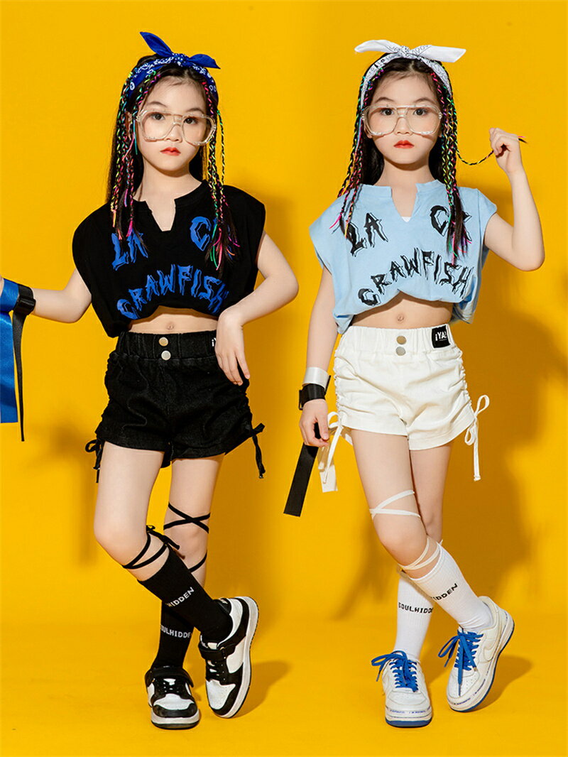 キッズ ダンス衣装 女の子 単品 セットアップ へそ出し tシャツ ショート丈 トップス 短パン ミニパンツ ブルー ブラック ホワイト ステージ衣装 韓国 カッコイイ ダンスウエア ヒップホップ レッスン 着 演出服 舞台服 練習着 発表会 イベント 3