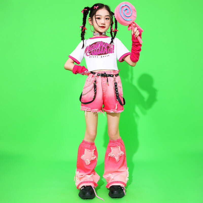 デニム ピンク ローズ キッズ ダンス衣装 セットアップ トップス 腕カバー パンツ 足カバー レッグウォーマー 女の子 タイダイ柄 ダンスウエア ステージ衣装 チアダンス チアガール チアリーダー ストレート ジャズダンス 団体服 発表会 演出服 応援団 原宿系