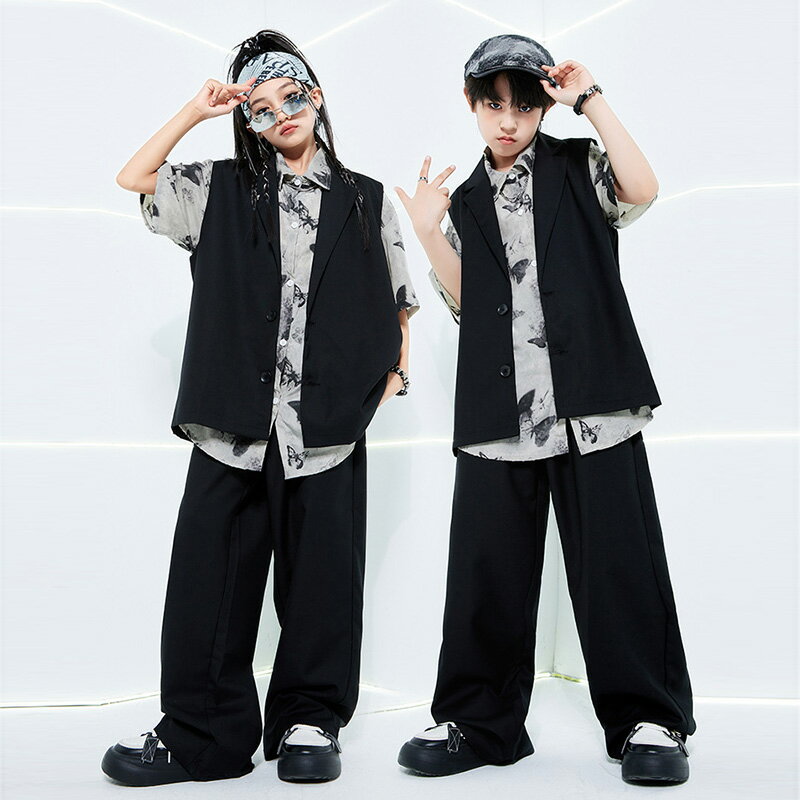 ブラック キッズ ダンス衣装 セットアップ 女の子 男の子 半袖 柄シャツ アロハシャツ ベスト ロングパンツ スーツ ヒップホップ HIPHOP ロック ダンス衣装 Popping locking 舞台 ステージ衣装 スラックス 派手 カッコイイ 演出服 団体服 応援団 発表会