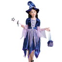 即納 ハロウィン 衣装 子供 コスプレ 4点セット 魔女 魔法少女 魔法使い 精霊 妖精 女の子 ワンピース 青色 パープル 子供 変装 コスチューム 子供 ロ...