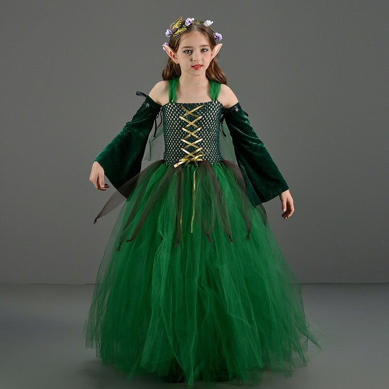 ハロウィン 衣装 子供 コスプレ 4点セット 魔女 魔法少女 魔法使い 精霊 妖精 エルフ 女の子 半袖 ロング ワンピース ドレス 膝丈 グリーン おしゃれ かわいい 子供 変装 コスチューム 子供 イベントグッズ 仮装 お化け 変装 演出服 舞台服 文化祭 cos