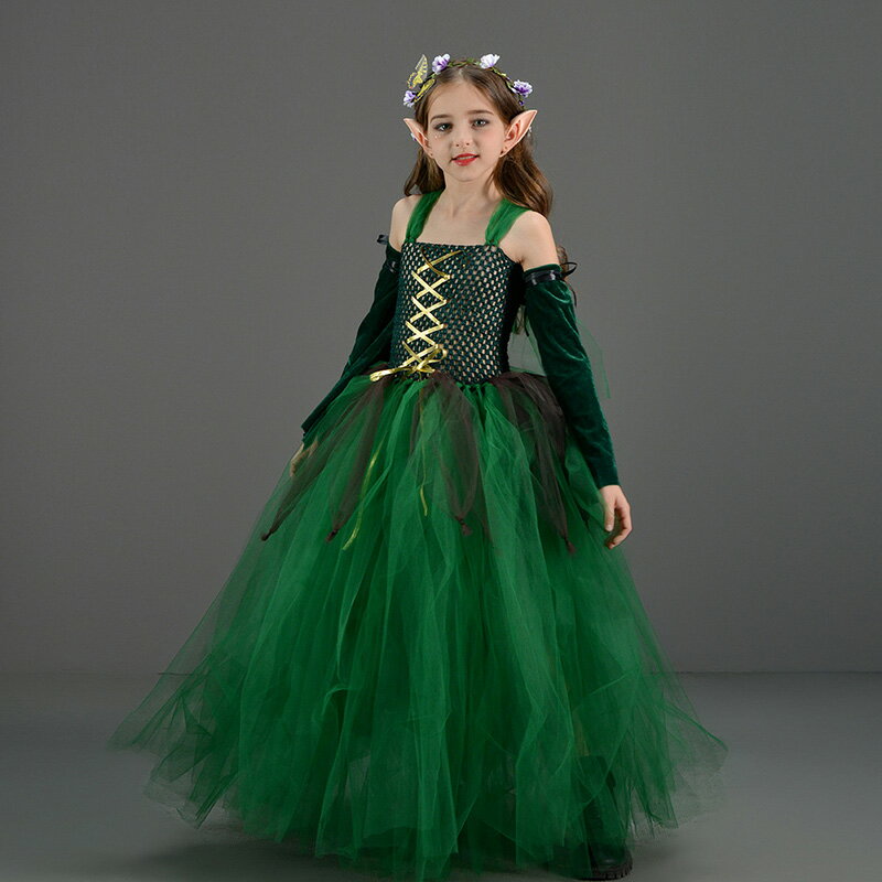 ハロウィン 衣装 子供 コスプレ 4点セット 魔女 魔法少女 魔法使い 精霊 妖精 エルフ 女の子 半袖 ロング ワンピース ドレス 膝丈 グリーン おしゃれ かわいい 子供 変装 コスチューム 子供 イベントグッズ 仮装 お化け 変装 演出服 舞台服 文化祭 cos