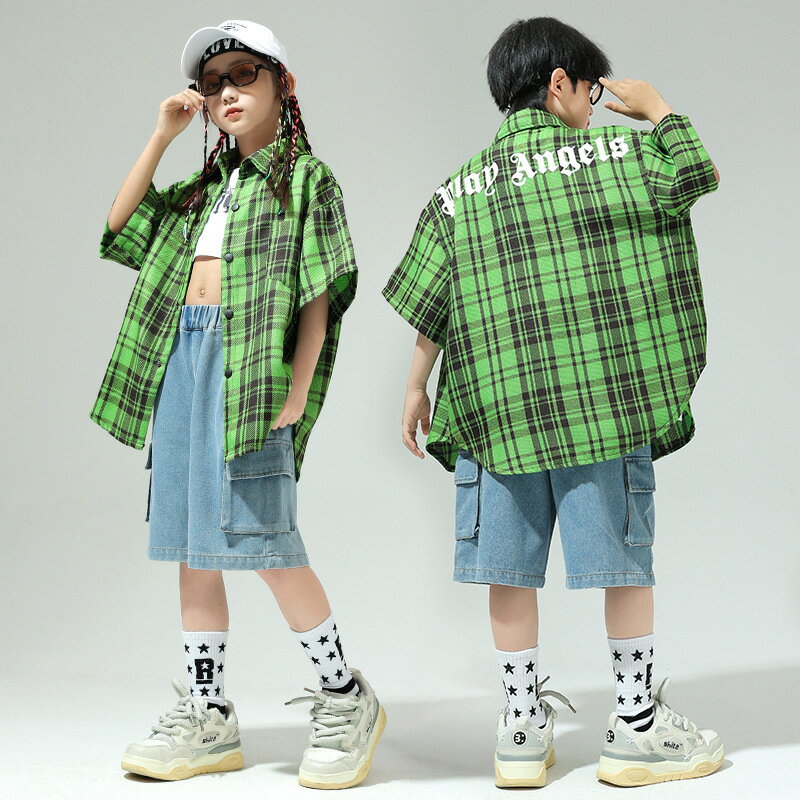 グリーン 柄シャツ キッズ ダンス衣装 単品 セットアップ 男の子 女の子 半袖 シャツ チェック柄 デニム 半ズボン ハーフパンツ ゆったり ダボダボ 練習着 レッスン着 習い服 韓国 カッコイイ ダンスウエア ステージ衣装 ジャズダンス 韓国k-pop jazz 舞台服 演出服 発表会