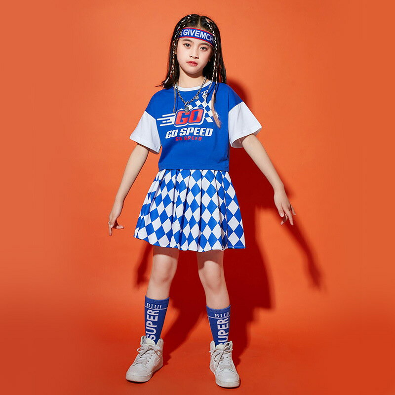 ブルー キッズ ダンス衣装 セットアップ 男の子 女の子 半袖 Tシャツ 重ね着風 プリーツス カート ハーフパンツ ゆったり 練習着 レッスン着 習い服 カッコイイ ダンスウエア ステージ衣装 ジャズダンス 韓国k-pop jazz 舞台服 演出服 発表会 運動会