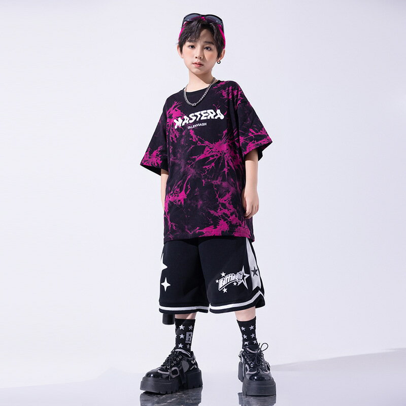 パープル ブラック キッズ ダンス衣装 単品 セットアップ 男の子 女の子 半袖 Tシャツ タイダイ柄 半ズボン ハーフパンツ ゆったり ダボダボ 練習着 レッスン着 習い服 韓国 カッコイイ ダンスウエア ステージ衣装 ジャズダンス 韓国k-pop jazz 舞台服 演出服 発表会