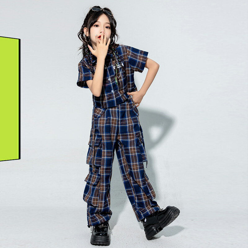 ネイビー チェック柄 キッズ ダンス衣装 セットアップ 男の子 女の子 へそ出し 半袖 シャツ 前開き ハーフパンツ ロングパンツ かわいい カッコイイ チアダンス ダンスウエア ステージ衣装 ジャズダンス k-pop jazz 舞台服 演出服 発表会 団体服 応援団