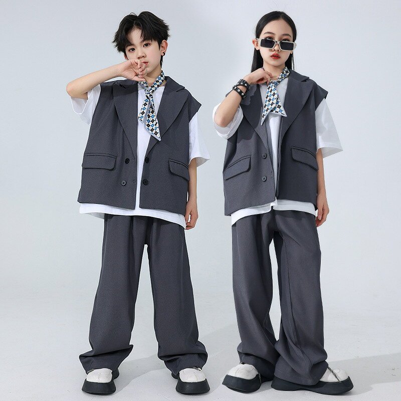 グレー スーツ キッズ ダンス衣装 セットアップ 男の子 女の子 前開き ベスト スーツ ロングパンツ ゆったりヒップホップ HIPHOP ロック ダンス衣装 Popping locking 舞台 ステージ衣装 スラックス 派手 カッコイイ 演出服 団体服 応援団 発表会 2