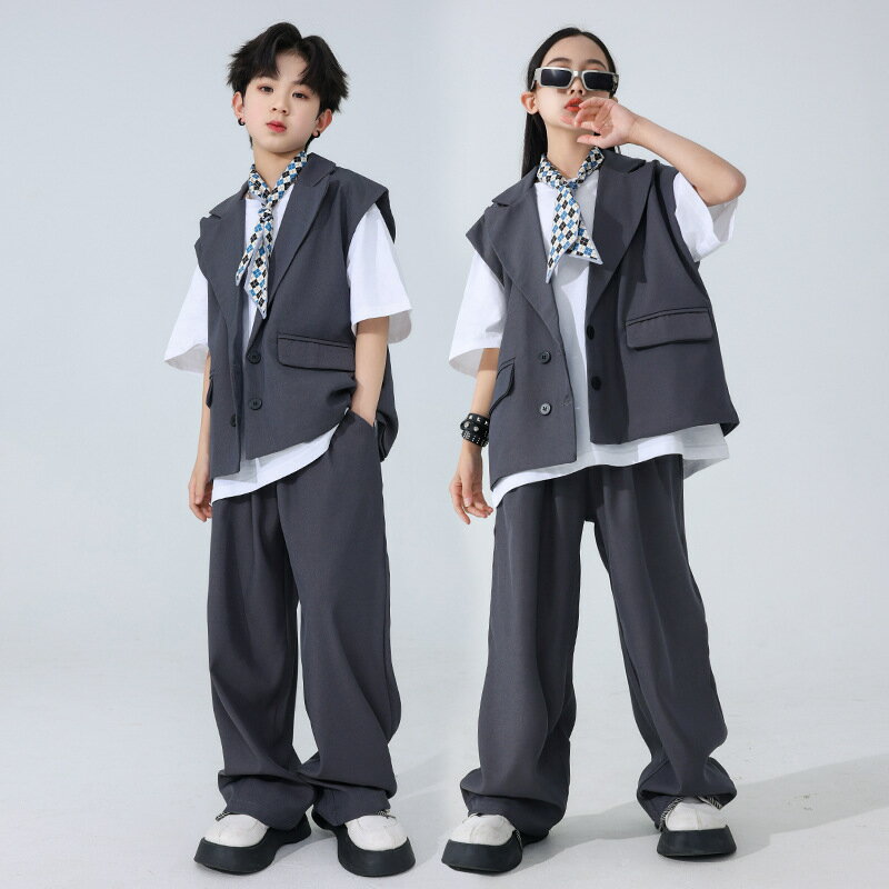 グレー スーツ キッズ ダンス衣装 セットアップ 男の子 女の子 前開き ベスト スーツ ロングパンツ ゆったりヒップホップ HIPHOP ロック ダンス衣装 Popping locking 舞台 ステージ衣装 スラックス 派手 カッコイイ 演出服 団体服 応援団 発表会 3