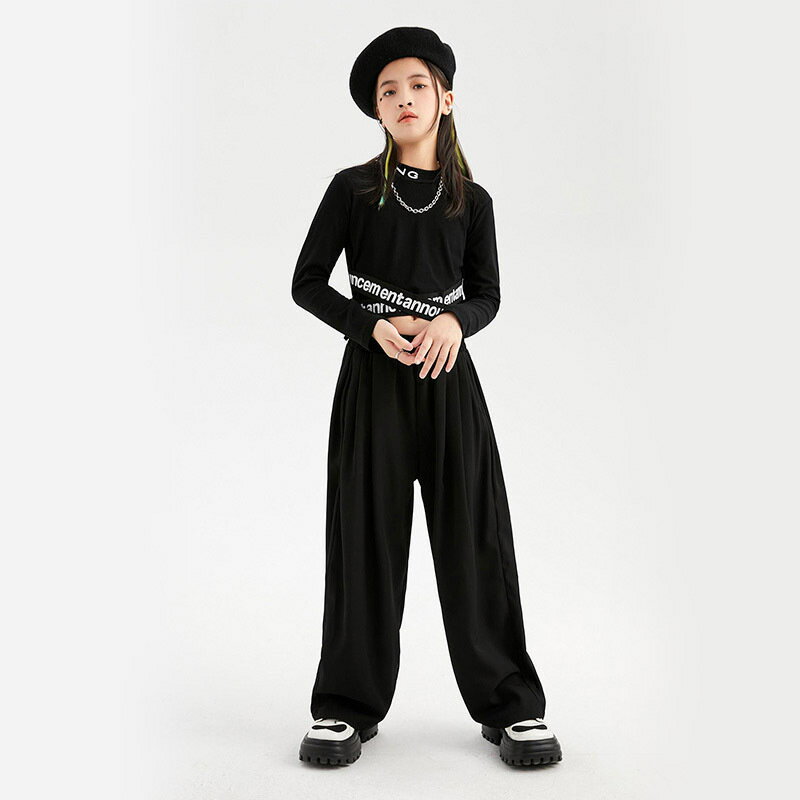 ブラック 女の子 ダンス衣装 キッズ 単品 セットアップ へそ出し 長袖 Tシャツ ロングパンツ ワイドパンツ ダボパンツ 練習着 レッスン着 ステージ衣装 韓国 カッコイイ ダンスウエア ヒップホップ チアガール チアリーダー 演出服 舞台服 発表会 イベント