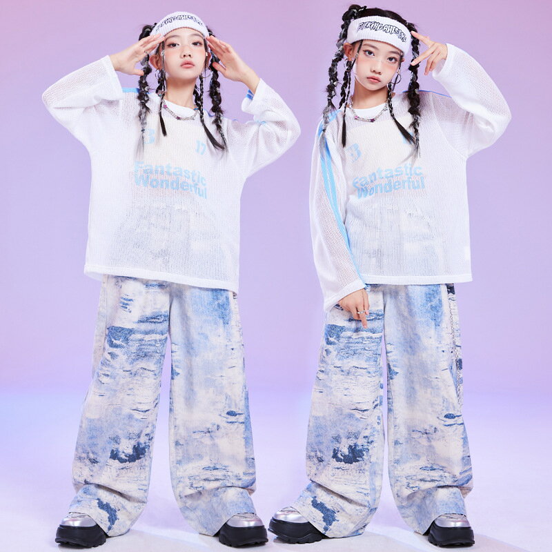 ホワイト ブルー 女の子 キッズ ダンス衣装 単品 セットアップ 女の子 長袖 シャツ タンクトップ ワイドパンツ タイダイ柄 ヒップホップ HIPHOP ロック ダンス衣装 Popping locking 舞台 ステージ衣装 スラックス 派手 カッコイイ 演出服 団体服 発表会