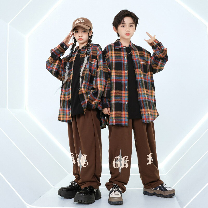 長袖 キッズ ダンス衣装 単品 セットアップ 男の子 女の子 子供服 長袖 シャツ ギンガムチェック マルチカラー ワイドパンツ カジュアルパンツ ブラウン ゆったり 練習着 レッスン着 派手 カッコイイ ダンスウエア ステージ衣装 ジャズダンス 舞台服 演出服 発表会