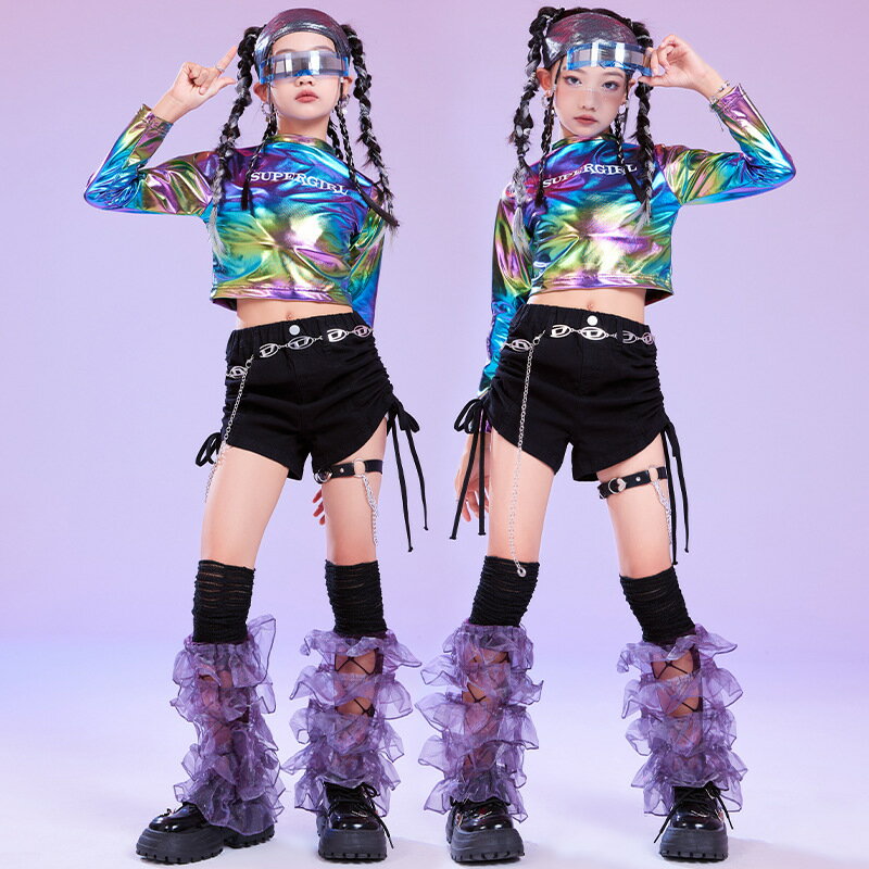 パープル ピンク キラキラ 女の子 へそ出し ダンス衣装 キッズ セットアップ 長袖 シャツ 短パン ミニパンツ レッグウォーマー ストレート ジャズダンス ヒップホップ ポッピング チアガール チアリーダー 可愛い ステージ衣装 団体服 演出服 舞台服