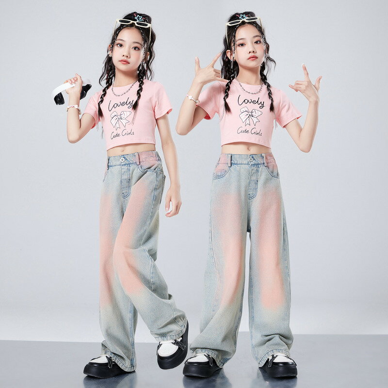 ブラック ピンク 女の子 へそ出し ダンス衣装 キッズ 半袖 Tシャツ デニムパンツ ワイドパンツ ダボパン タイダイ柄 ストレート ジャズダンス ヒップホップ ポッピング チアガール チアリーダー 可愛い ステージ衣装 団体服 演出服 舞台服 2