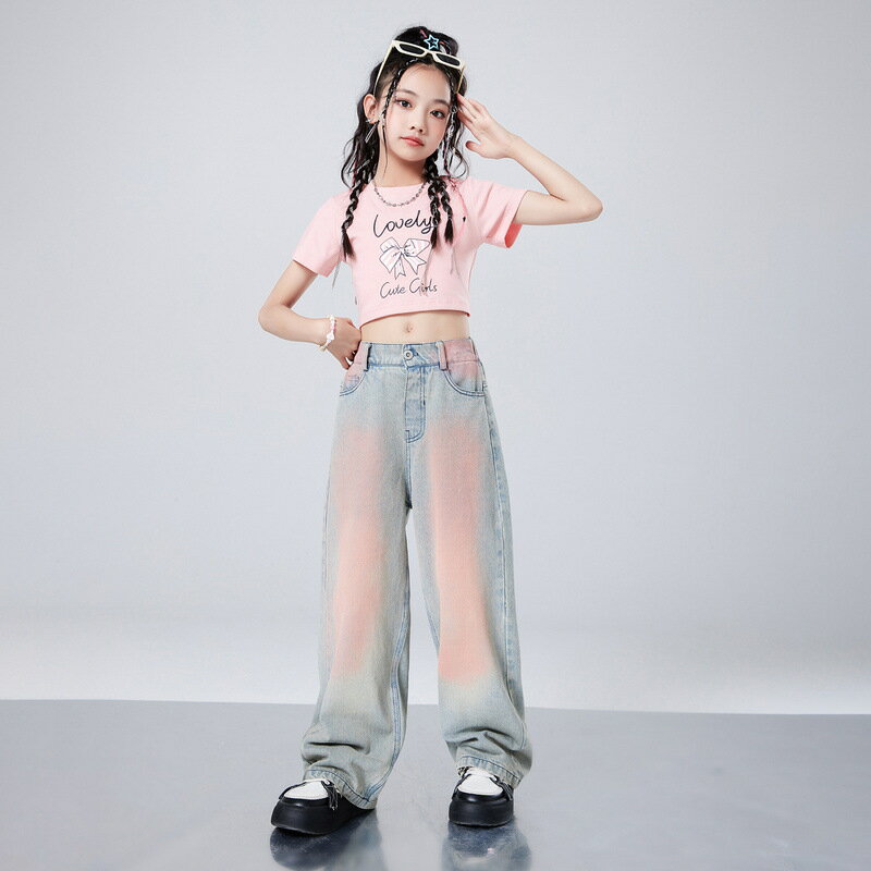 ブラック ピンク 女の子 へそ出し ダンス衣装 キッズ 半袖 Tシャツ デニムパンツ ワイドパンツ ダボパン タイダイ柄 ストレート ジャズダンス ヒップホップ ポッピング チアガール チアリーダー 可愛い ステージ衣装 団体服 演出服 舞台服 3