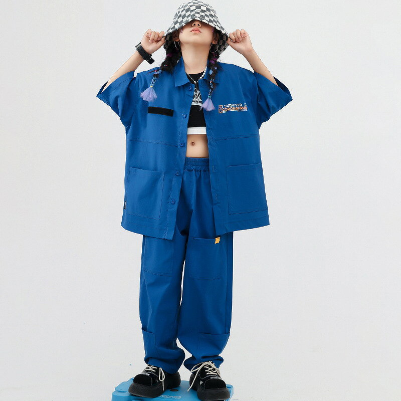 キッズ ダンス衣装 単品 セットアップ 女の子 男の子 半袖 シャツ カーゴパンツ ロング丈 ウエストゴム 裾絞り クラインブルー 練習着 レッスン着 カッコイイ ダンスウエア ステージ衣装 ジャズダンス 韓国k-pop jazz 舞台服 演出服 発表会 運動会 2