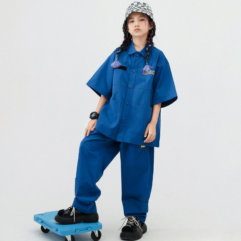 キッズ ダンス衣装 単品 セットアップ 女の子 男の子 半袖 シャツ カーゴパンツ ロング丈 ウエストゴム 裾絞り クラインブルー 練習着 レッスン着 カッコイイ ダンスウエア ステージ衣装 ジャズダンス 韓国k-pop jazz 舞台服 演出服 発表会 運動会 3