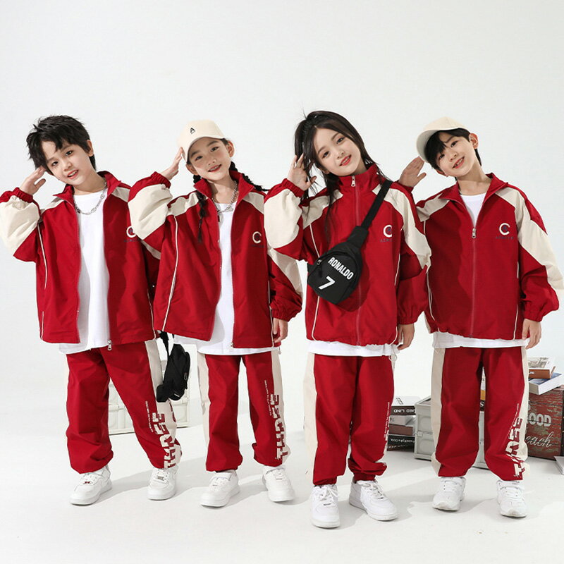 レッド キッズ ダンス衣装 セットアップ 男の子 女の子 子供服 長袖 ジャケット ジャージ ロングパンツ ゆったり 練習着 レッスン着 カジュアル トレーニングウエア スポーツ服 ダンスウエア カッコイイ ステージ衣装 ジャズダンス 舞台服 演出服 発表会 3