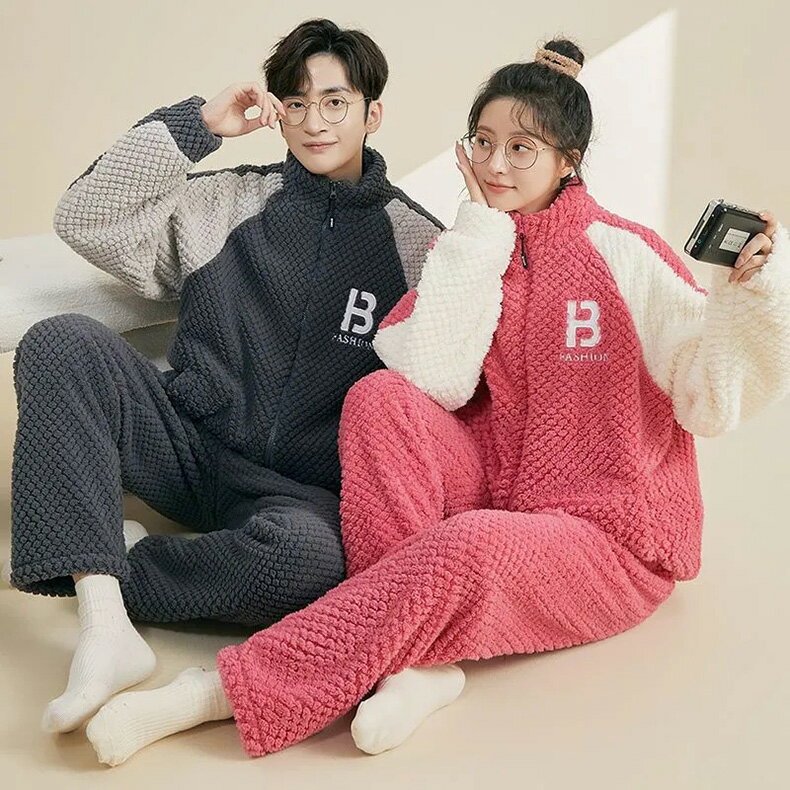 樂天商城 - ペア パジャマ ルームウェア 上下セット セットアップ 冬 長袖 メンズ レディース カップル 部屋着 スウェット 厚手 前開き 大きいサイズ 暖かい ゆったり 男女兼用 結婚祝い プレゼント ギフト おしゃれ S M L LL 3L 彼女 彼氏 夫婦 記念日 母の日 父の日 防寒対策
