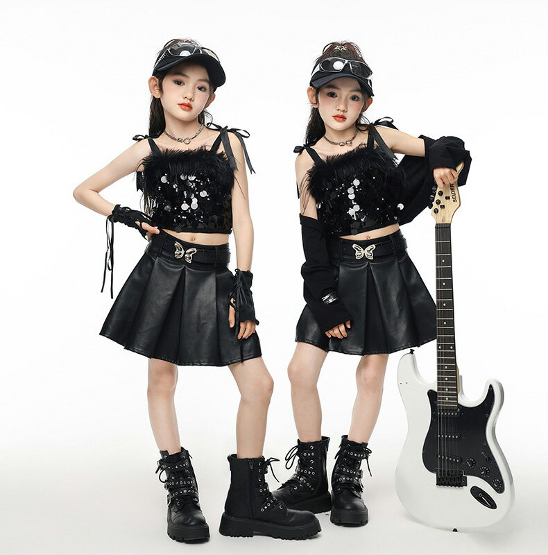 ブラック スパンコール キャミソール キッズ ダンス衣装 セットアップ ヒップホップ 女の子 子供服 トップス レザースカート かわいい カッコイイ トレーナー Hiphop チアダンス ダンスウエア ジャズダンス k-pop jazz 舞台服 演出服 発表会 団体服 応援団 110-180cm