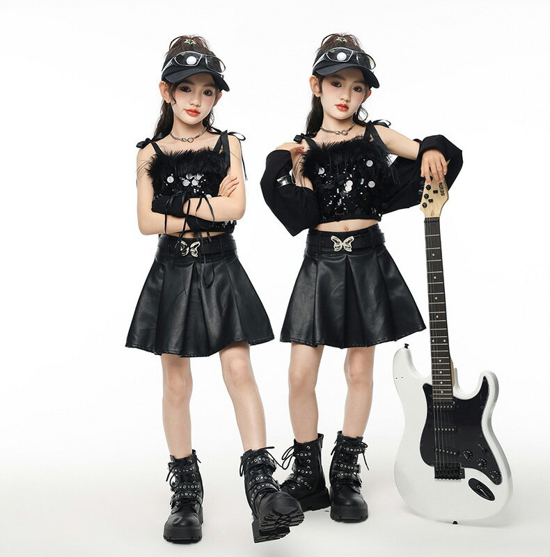 ブラック スパンコール キャミソール キッズ ダンス衣装 セットアップ ヒップホップ 女の子 子供服 トップス レザースカート かわいい カッコイイ トレーナー Hiphop チアダンス ダンスウエア ジャズダンス k-pop jazz 舞台服 演出服 発表会 団体服 応援団 110-180cm