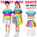 ボーダー柄 カラフルな虹 虹色 カラー チアガール キッズ ダンス衣装 子供服 可愛い 半袖 Tシャツ メッシュスカート 短パン ショーツ ミニスカート 女の子 男の子 HIPHOP JAZZ 幼稚園 応援団 発表会 舞台服 個性派 演出服 練習着 団体服 派手 ステージ衣装 夏用 100-180cm