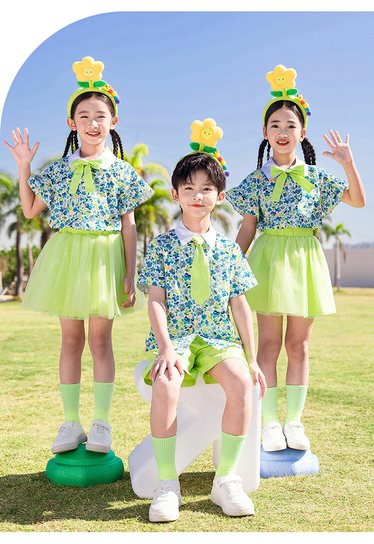 チアガール グリーン 花柄シャツ キッズ ダンス衣装 子供服 可愛い 半袖 シャツ メ...