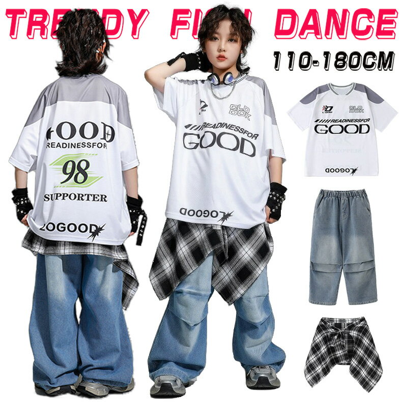 樂天商城 - ジーパン キッズ ダンス衣装 セットアップ ヒップホップ ストリート 半袖 トップス デニムパンツ ホワイト ブルー 子供服 韓国kpop hiphop 女の子 男の子 ダンスウェア 原宿系 発表会 演出服 練習服 応援団 舞台服 個性派 団体服 派手 かっこいいおしゃれ 夏 110-180cm