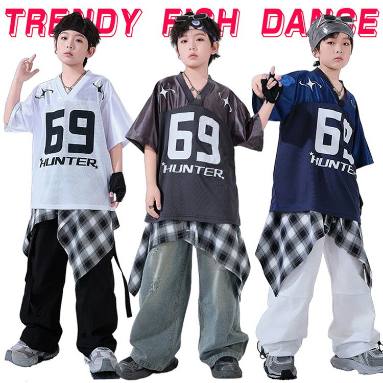 ダメージジーンズ キッズダンス衣装 セットアップ ヒップホップ ストリート 半袖Tシャツ デニムパンツ カーゴパンツ ブラウン ホワイト ブルー 子供服 hiphop 女の子 男の子 ダンスウェア 原宿系 発表会 演出服 練習服 応援団 個性 団体服 派手 かっこいいおしゃれ 110-180cm