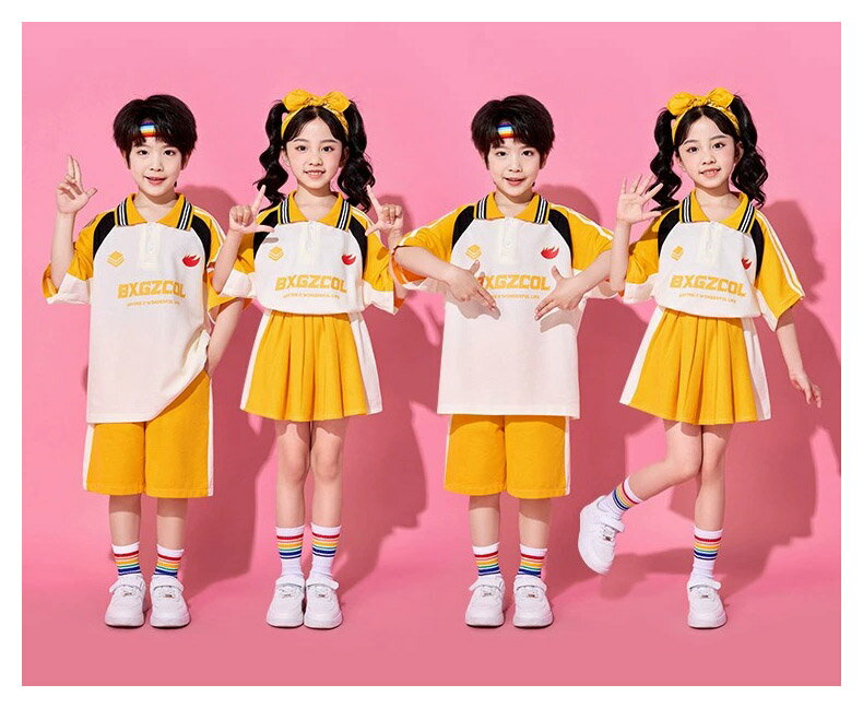 チアガール イエロー ダンス衣装 キッズ 子供服 可愛い 半袖 POLO ポロシャツ Tシャツ トップス プリーツスカート 短パン ショーツ ミニスカート 女の子 男の子 HIPHOP JAZZ 幼稚園 運動会 応援団 発表会 舞台服 個性派 K-POP 演出服 練習着 団体服 ステージ衣装 100-180cm